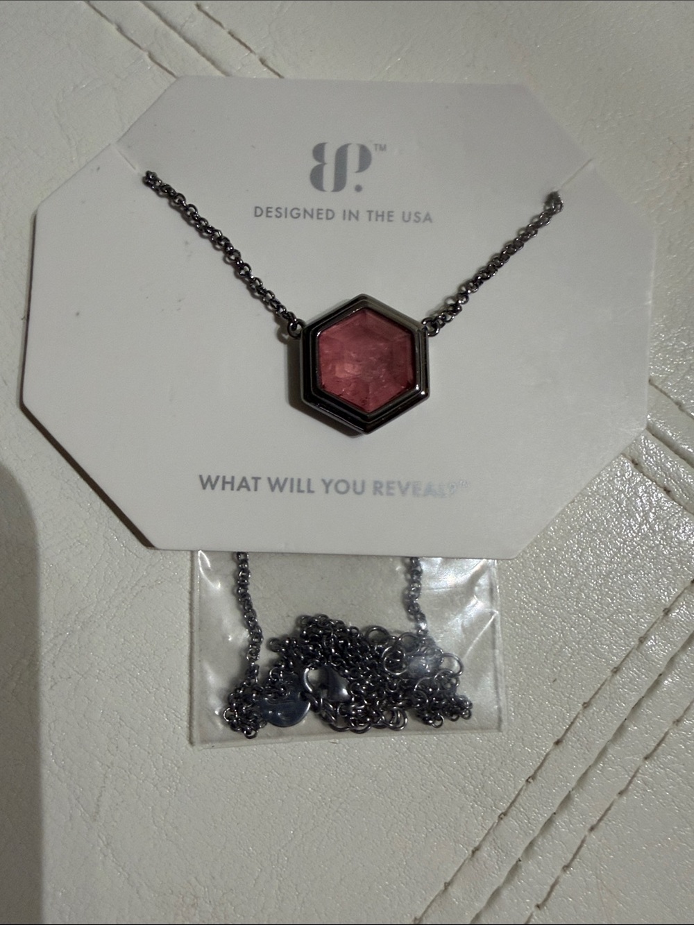 bp Hexagon Pink Stone Pendant Necklace in Silver Tone